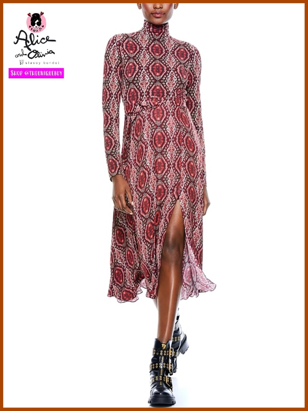 Alice + Olivia Clare Turtleneck Long Sleeve Midi Boho Burgundy Red Dress